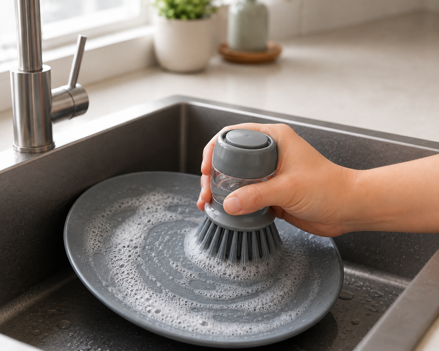 Scrub + Dispense Soap in One Easy Press